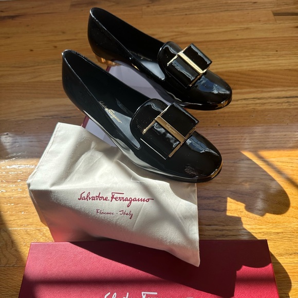 Salvatore Ferragamo Shoes - Salvatore Ferragamo Black Patent Leather Loafers with Gold Buckle